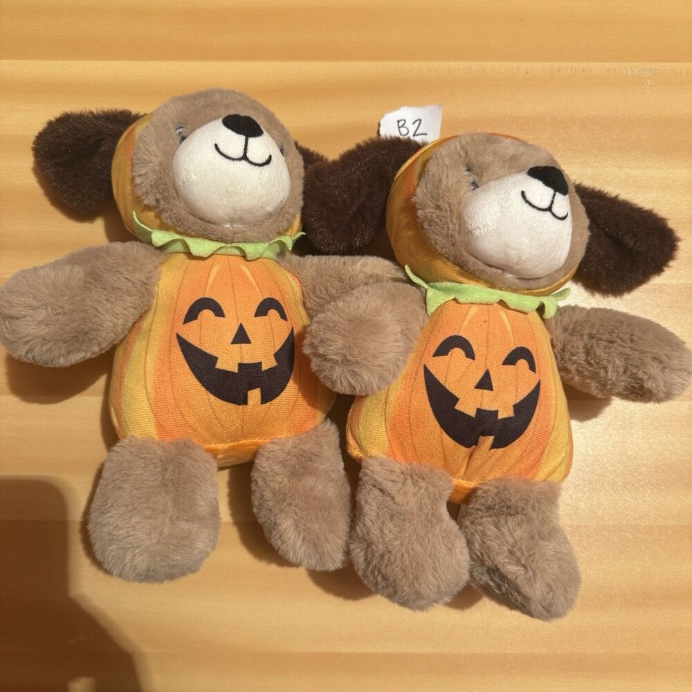 3/$15 2 Halloween Dog Puppy Stuffed Animals Plush Pumpkin Jack o Lantern Dolls